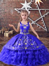  Blue Sleeveless Satin and Organza Lace Up Little Girls Pageant Gowns for Wedding Party