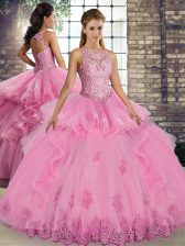  Rose Pink Scoop Neckline Lace and Embroidery and Ruffles Sweet 16 Dress Sleeveless Lace Up