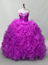 Designer Purple Ball Gowns Sweetheart Sleeveless Organza and Fabric With Rolling Flowers Floor Length Lace Up Sequins Vestidos de Quinceanera