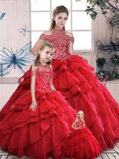 Fantastic Red High-neck Lace Up Beading and Ruffles Ball Gown Prom Dress Sleeveless