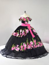 Chic Black Off The Shoulder Neckline Embroidery Quinceanera Gowns Sleeveless Lace Up