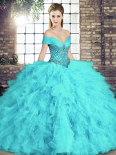 Flirting Aqua Blue Ball Gowns Beading and Ruffles Ball Gown Prom Dress Lace Up Tulle Sleeveless Floor Length