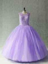 Sophisticated Floor Length Lace Up Sweet 16 Dress Lavender for Sweet 16 and Quinceanera with Beading