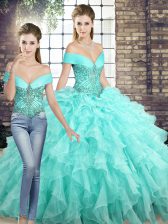  Sleeveless Beading and Ruffles Lace Up Quince Ball Gowns with Aqua Blue Brush Train