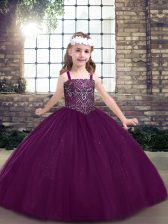  Eggplant Purple Straps Neckline Beading Little Girls Pageant Dress Sleeveless Lace Up