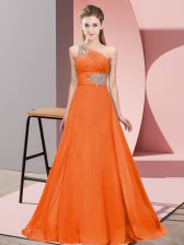 Luxurious Orange Red One Shoulder Lace Up Beading and Ruching Prom Gown Brush Train Sleeveless