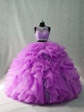  Lilac Sleeveless Brush Train Beading and Ruffles Quinceanera Dress