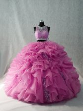  Organza Brush Train Quinceanera Dresses in Pink with Beading and Ruffles