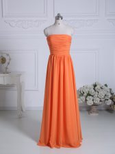 Beautiful Orange Chiffon Zipper Strapless Sleeveless Floor Length Dama Dress for Quinceanera Ruching
