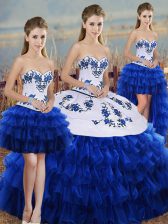 Admirable Royal Blue Sweetheart Neckline Embroidery and Ruffled Layers and Bowknot Sweet 16 Dress Sleeveless Lace Up