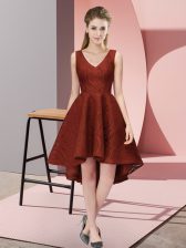 Luxury Rust Red V-neck Neckline Lace Quinceanera Court of Honor Dress Sleeveless Zipper