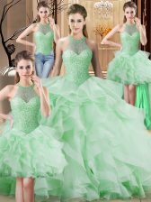Vintage Apple Green Quinceanera Dress Organza Brush Train Sleeveless Beading and Ruffles