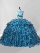 Discount Blue Sweet 16 Dresses Sweet 16 and Quinceanera with Beading and Ruffles Scoop Sleeveless Brush Train Zipper