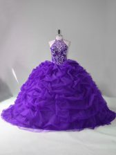  Purple Sleeveless Organza Court Train Lace Up Sweet 16 Quinceanera Dress for Sweet 16 and Quinceanera