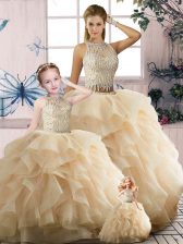 Colorful Two Pieces 15th Birthday Dress Champagne Scoop Tulle Sleeveless Floor Length Zipper