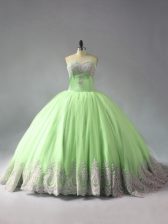 Fashion Yellow Green 15th Birthday Dress Sweet 16 and Quinceanera with Beading and Appliques Sweetheart Sleeveless Court Train Lace Up