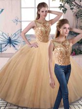  Gold Lace Up Scoop Beading Quinceanera Dress Tulle Sleeveless