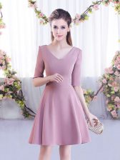  Pink Chiffon Zipper Dama Dress for Quinceanera Half Sleeves Mini Length Ruching