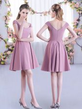 Beauteous Cap Sleeves Chiffon Mini Length Zipper Dama Dress for Quinceanera in Pink with Ruching