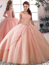  Peach Off The Shoulder Lace Up Beading 15th Birthday Dress Brush Train Sleeveless