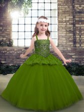 Attractive Olive Green Lace Up Straps Beading Pageant Dress Womens Tulle Sleeveless