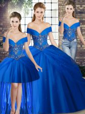 Fine Off The Shoulder Sleeveless Quince Ball Gowns Brush Train Beading and Pick Ups Royal Blue Tulle