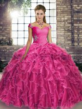  Fuchsia Lace Up Quinceanera Dresses Beading and Ruffles Sleeveless Brush Train