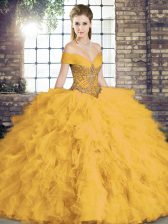 Adorable Floor Length Gold Quinceanera Dress Off The Shoulder Sleeveless Lace Up