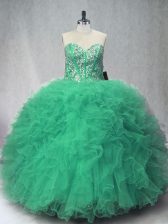 Designer Sleeveless Floor Length Beading and Ruffles Lace Up 15 Quinceanera Dress with Green