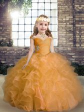  Orange Organza Lace Up Kids Pageant Dress Sleeveless Floor Length Beading and Ruffles