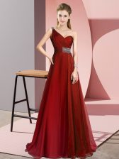  Wine Red One Shoulder Criss Cross Beading Evening Dress Brush Train Sleeveless