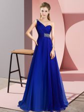  Chiffon One Shoulder Sleeveless Brush Train Criss Cross Beading Prom Party Dress in Royal Blue