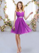  Sleeveless Mini Length Belt Zipper Quinceanera Court of Honor Dress with Purple