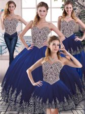  Floor Length Royal Blue Ball Gown Prom Dress Tulle Sleeveless Embroidery