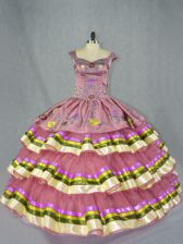  Floor Length Pink 15th Birthday Dress Straps Sleeveless Lace Up