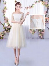 Customized Off The Shoulder Half Sleeves Dama Dress Ankle Length Lace Champagne Tulle