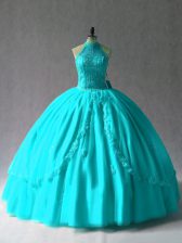  Aqua Blue Sleeveless Appliques Floor Length Quinceanera Dresses