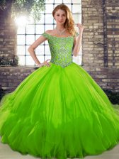  Ball Gowns Tulle Off The Shoulder Sleeveless Beading and Ruffles Floor Length Lace Up Vestidos de Quinceanera