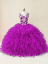 High Quality Fuchsia Ball Gowns Tulle V-neck Sleeveless Beading Floor Length Backless 15 Quinceanera Dress