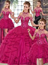 Sexy Fuchsia Halter Top Neckline Beading and Ruffles Sweet 16 Dress Sleeveless Lace Up