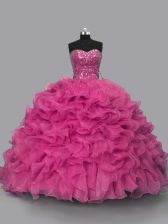 Lovely Hot Pink Ball Gowns Organza Sweetheart Sleeveless Beading Floor Length Lace Up Sweet 16 Dress