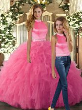 Perfect Beading and Ruffles Quinceanera Gown Hot Pink Backless Sleeveless Floor Length