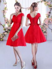  Red Cap Sleeves Lace Mini Length Quinceanera Dama Dress