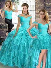 Custom Designed Off The Shoulder Sleeveless Organza Ball Gown Prom Dress Beading and Ruffles Brush Train Lace Up
