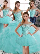 Dynamic Aqua Blue Lace Up Off The Shoulder Beading and Ruffles Quinceanera Gown Tulle Sleeveless