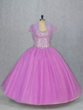  Sleeveless Tulle Floor Length Lace Up Quinceanera Gown in Lilac with Beading