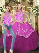  Fuchsia Halter Top Neckline Embroidery Sweet 16 Dresses Sleeveless Lace Up
