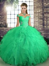 Adorable Turquoise Ball Gowns Beading and Ruffles Quinceanera Dress Lace Up Tulle Sleeveless Floor Length