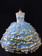 Ball Gowns 15 Quinceanera Dress Blue Scoop Organza Sleeveless Floor Length Lace Up
