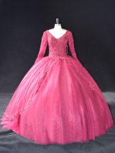  Hot Pink Ball Gowns Tulle V-neck Long Sleeves Lace and Appliques Floor Length Lace Up Quince Ball Gowns